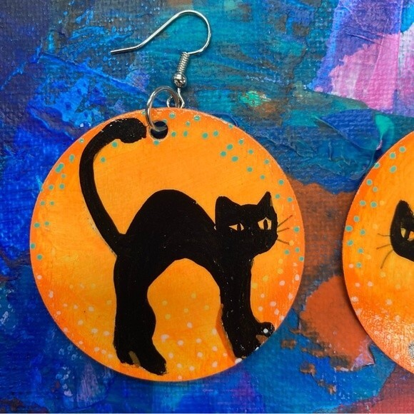 Halloween Black Cat Wooden One-Of-A-Kind Hand Painted Earrings Handmade Witchy - Picture 8 of 10